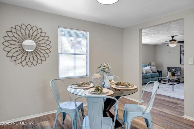 dining room featuring a ceiling fan, baseboards, and wood finished floors