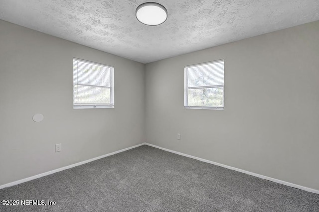 carpeted empty room with plenty of natural light, baseboards, and a textured ceiling