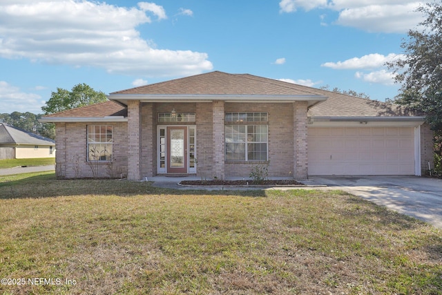 single story home with a garage, roof with shingles, a front lawn, and brick siding