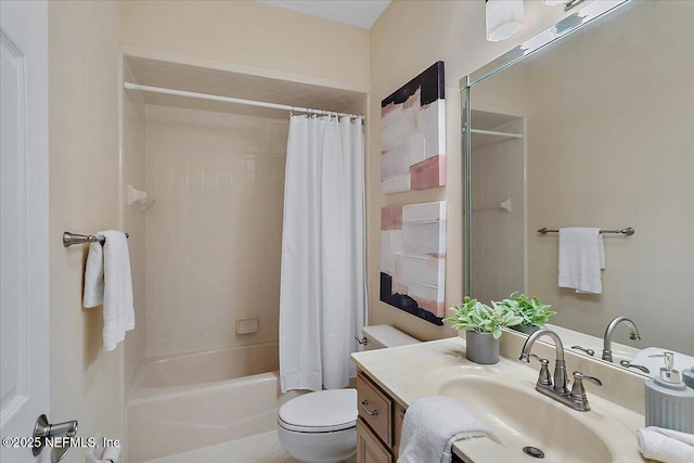 full bath featuring shower / tub combo, vanity, and toilet