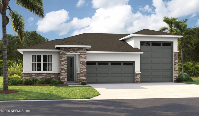 prairie-style house with a front lawn, concrete driveway, stucco siding, stone siding, and a garage