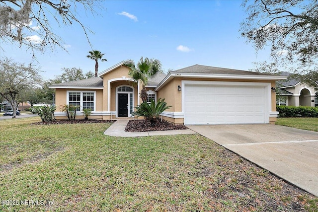 ranch-style home featuring a garage, concrete driveway, a front lawn, and stucco siding