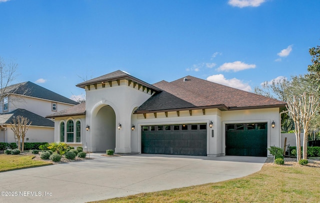 mediterranean / spanish home with a garage, concrete driveway, roof with shingles, and stucco siding