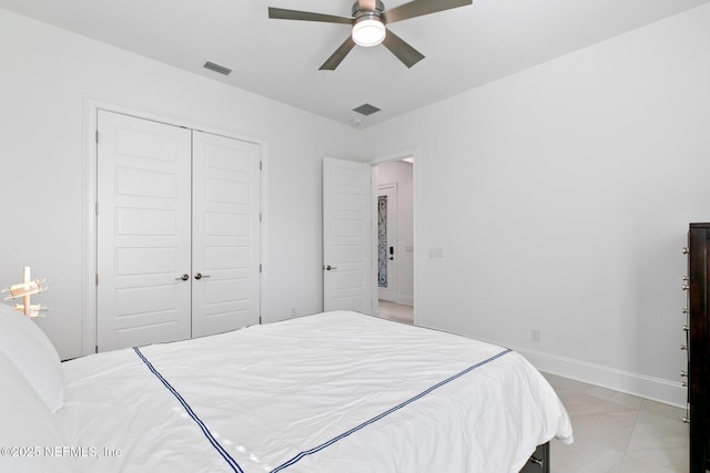 bedroom featuring baseboards, visible vents, ceiling fan, and a closet