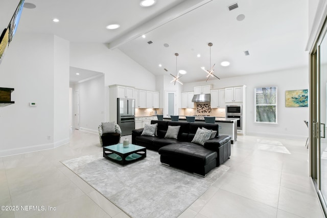 living area featuring high vaulted ceiling, visible vents, beamed ceiling, and baseboards