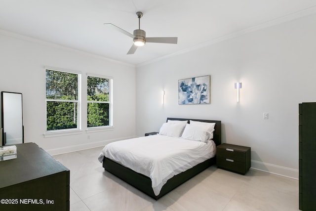 bedroom featuring ornamental molding, ceiling fan, and baseboards