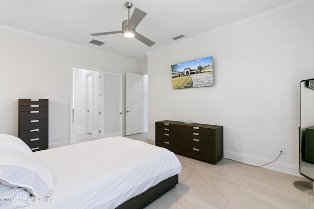 bedroom with baseboards, visible vents, and crown molding