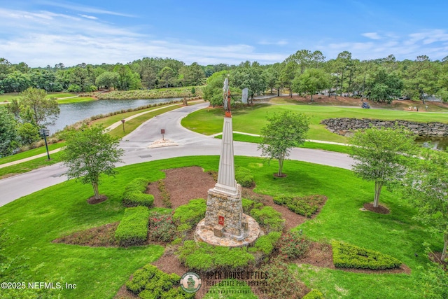 view of property's community featuring a water view, driveway, and a yard