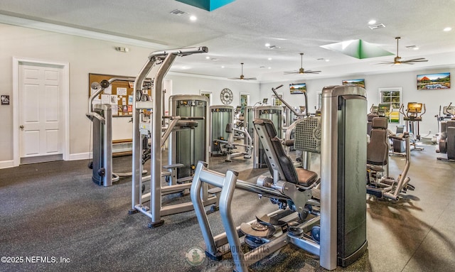 workout area featuring recessed lighting, baseboards, a textured ceiling, and ornamental molding