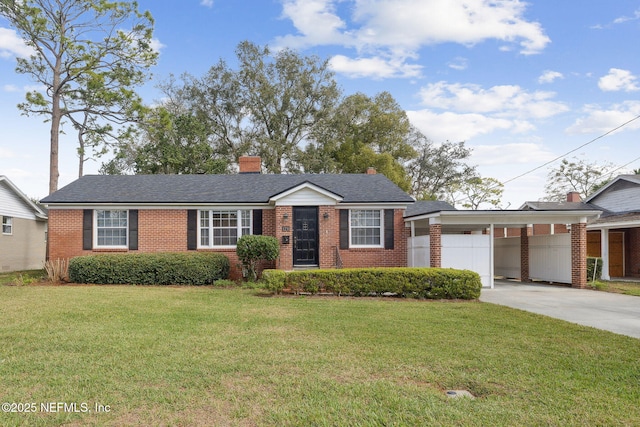 ranch-style house featuring a chimney, a front lawn, concrete driveway, and brick siding