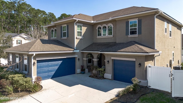 traditional-style home featuring driveway, roof with shingles, fence, and stucco siding