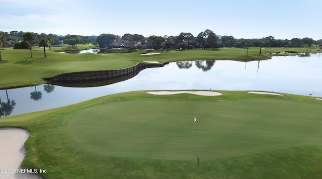 view of property's community featuring view of golf course and a water view