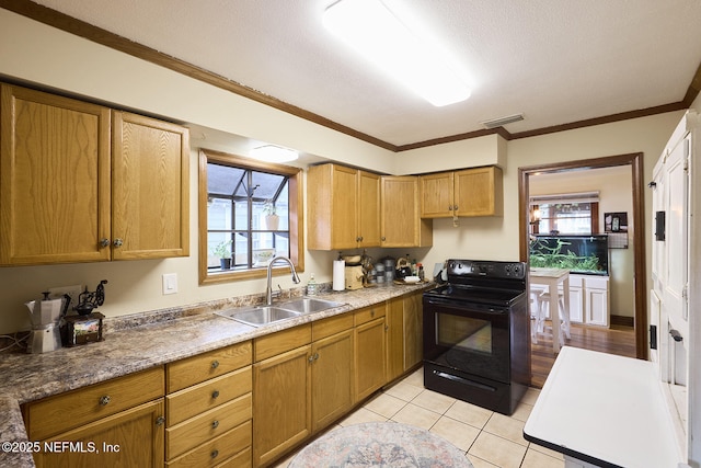 kitchen featuring crown molding, a wealth of natural light, black electric range oven, visible vents, and a sink