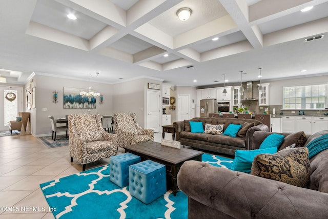 986 Prairie Dunes Ct, Orange Park, FL 32065 - living room with coffered ceiling, visible vents, beam ceiling, and light tile patterned floors