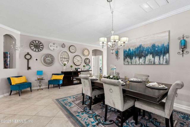 986 Prairie Dunes Ct, Orange Park, FL 32065 - dining area featuring arched walkways, crown molding, an inviting chandelier, and light tile patterned floors