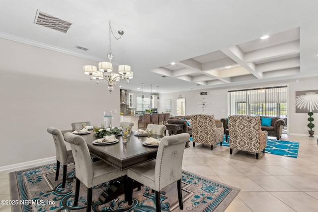 986 Prairie Dunes Ct, Orange Park, FL 32065 - dining room with light tile patterned floors, a notable chandelier, coffered ceiling, and visible vents