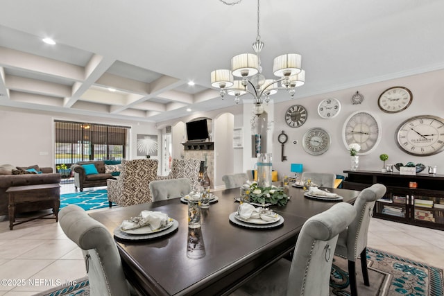 986 Prairie Dunes Ct, Orange Park, FL 32065 - dining room with light tile patterned floors, coffered ceiling, beamed ceiling, and a chandelier