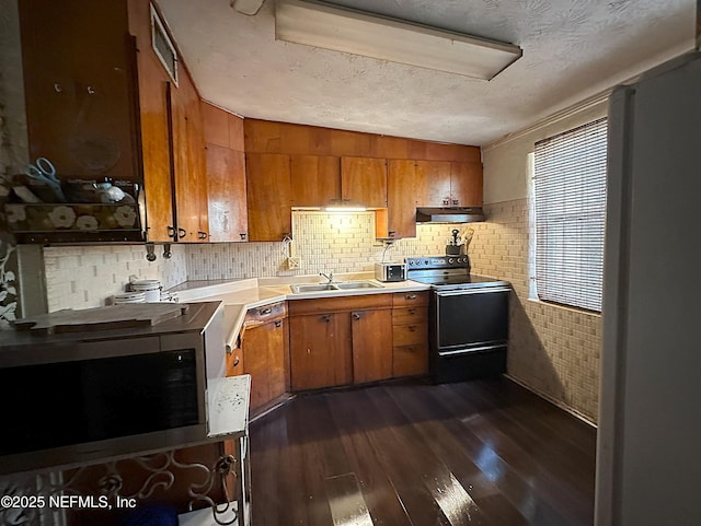 kitchen featuring light countertops, stainless steel microwave, black range with electric stovetop, a sink, and under cabinet range hood