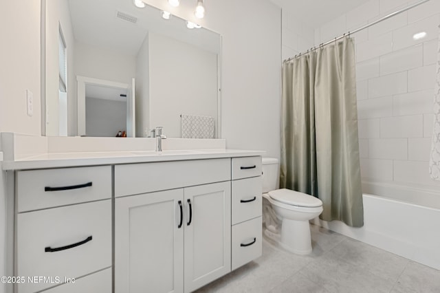 bathroom featuring tile patterned flooring, toilet, visible vents, vanity, and shower / bath combination with curtain