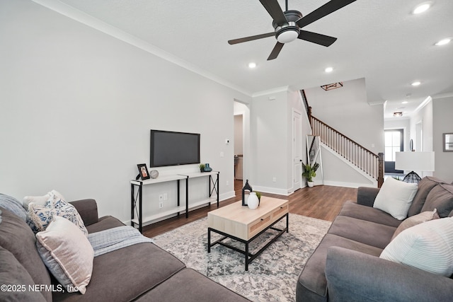 152 Navigators Rd, Saint Johns, FL 32259 - living room with stairway, a ceiling fan, ornamental molding, and wood finished floors