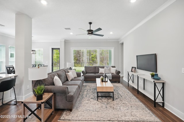 152 Navigators Rd, Saint Johns, FL 32259 - living room with baseboards, recessed lighting, a ceiling fan, crown molding, and dark wood-type flooring
