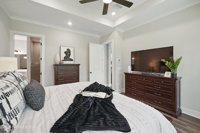 152 Navigators Rd, Saint Johns, FL 32259 - bedroom with a ceiling fan, dark wood finished floors, baseboards, ornamental molding, and recessed lighting