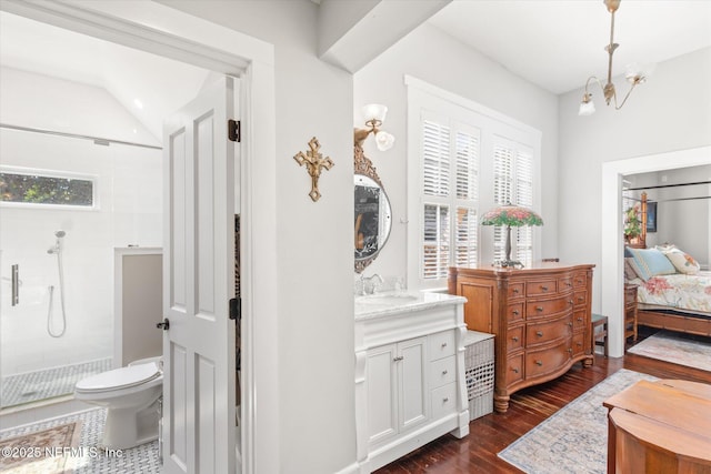 ensuite bathroom featuring a stall shower, plenty of natural light, toilet, and wood finished floors