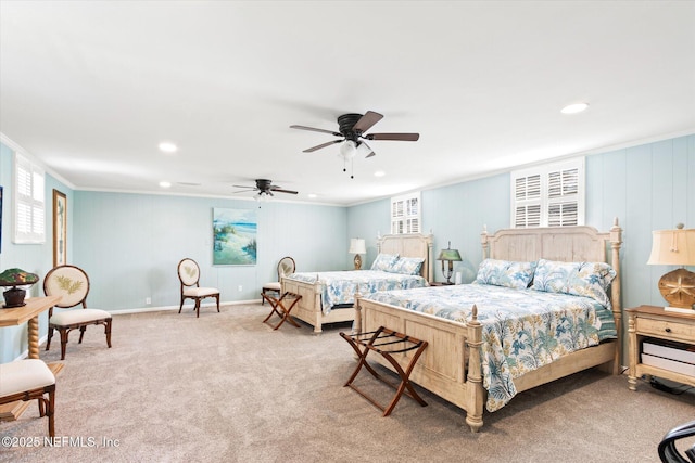 carpeted bedroom featuring ceiling fan, ornamental molding, multiple windows, and recessed lighting