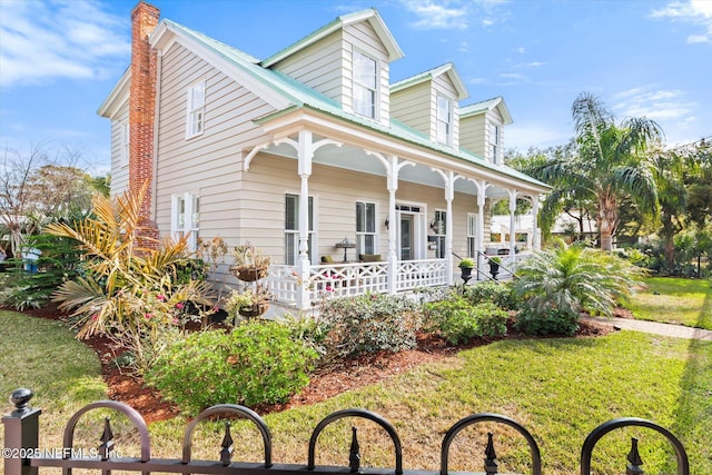 view of front of home featuring covered porch, a chimney, and a front lawn