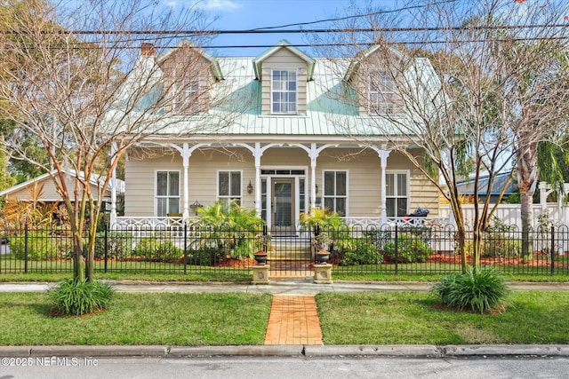 view of front of home with a fenced front yard and a porch