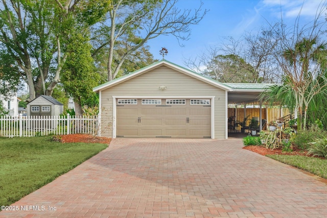 garage featuring fence and decorative driveway