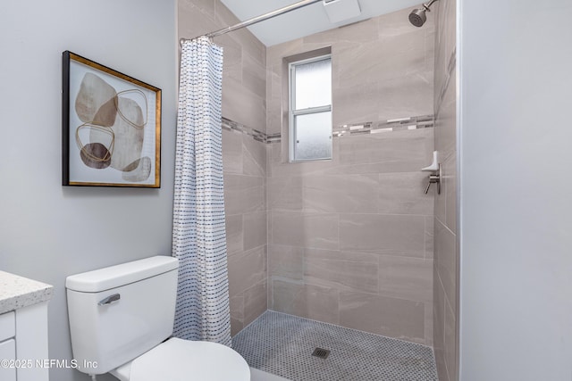 bathroom featuring toilet, a shower stall, and vanity