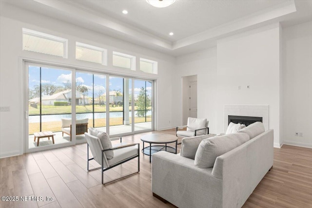 living room featuring plenty of natural light, a tray ceiling, a fireplace, and wood finished floors