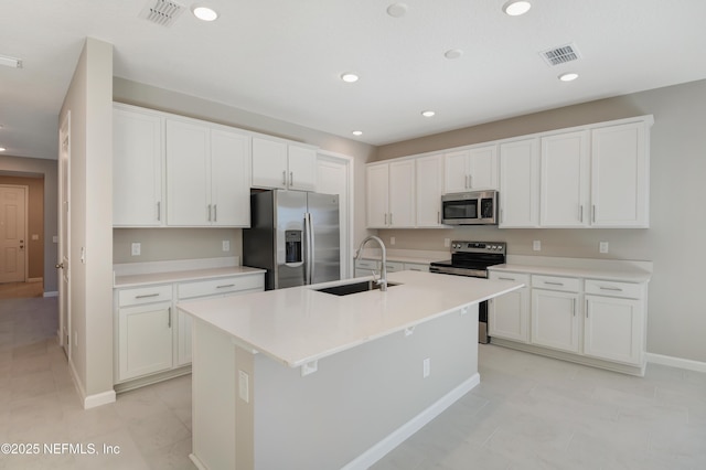 kitchen featuring visible vents, stainless steel appliances, a sink, and light countertops