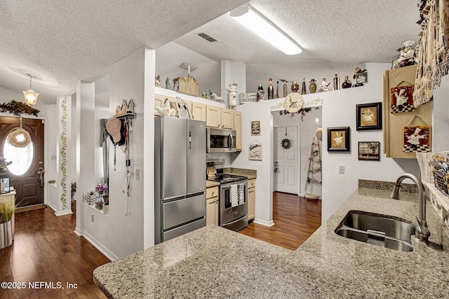 kitchen featuring stainless steel appliances, dark wood finished floors, visible vents, and a sink