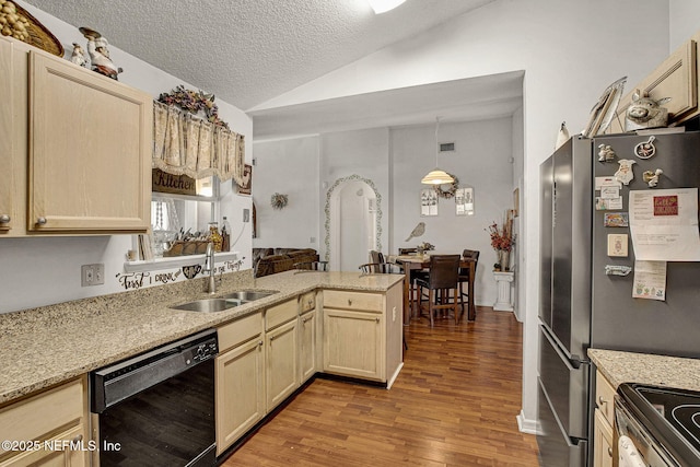 kitchen featuring a peninsula, vaulted ceiling, stainless steel appliances, light wood-type flooring, and a sink