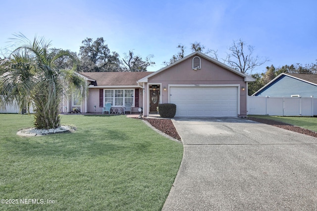 ranch-style house with a garage, concrete driveway, a front lawn, and fence