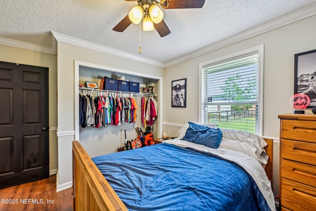 bedroom with dark wood-type flooring, ornamental molding, a textured ceiling, a closet, and ceiling fan