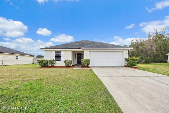 ranch-style home featuring an attached garage, a front lawn, concrete driveway, and stucco siding