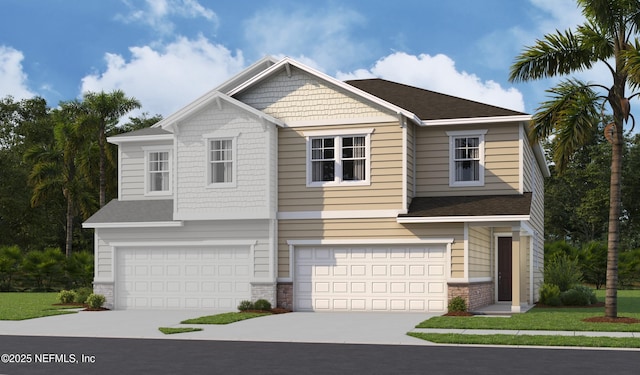 craftsman-style house with a garage, concrete driveway, and roof with shingles