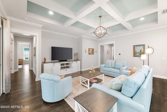 living area with dark wood finished floors, a chandelier, coffered ceiling, beamed ceiling, and baseboards