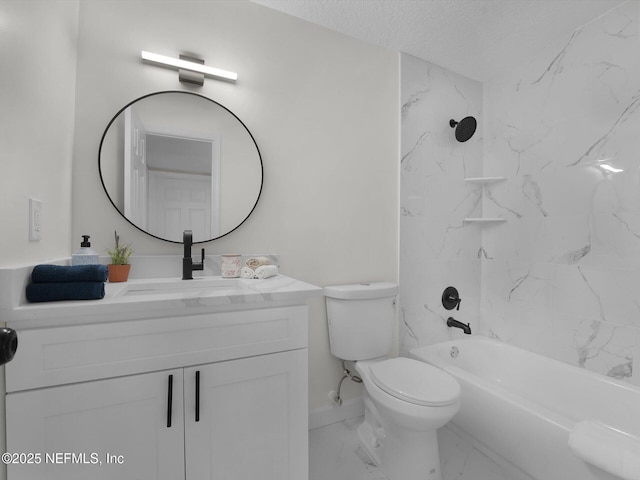 bathroom with shower / washtub combination, marble finish floor, toilet, vanity, and a textured ceiling