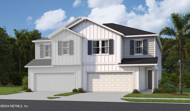 view of front of home featuring board and batten siding, driveway, a shingled roof, and an attached garage