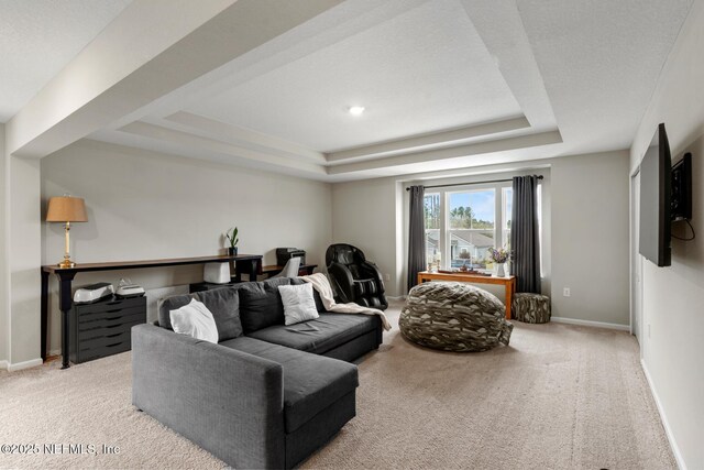 living area featuring carpet floors, baseboards, and a tray ceiling