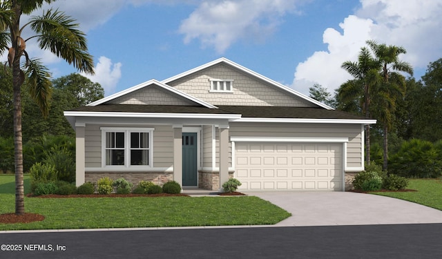 craftsman inspired home featuring a garage, concrete driveway, stone siding, and a front lawn