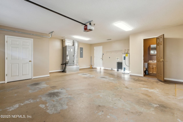 garage featuring electric water heater, baseboards, a garage door opener, electric panel, and heating unit