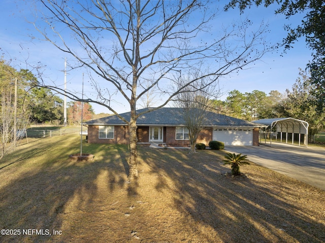 single story home featuring a carport, driveway, brick siding, and a front lawn