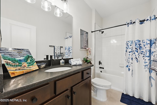 bathroom with vanity, shower / tub combo, tile patterned flooring, and toilet