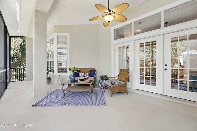 exterior space featuring french doors and ceiling fan