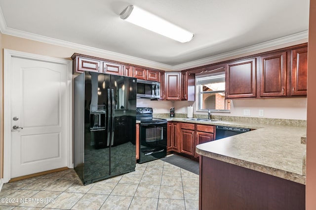 kitchen featuring black appliances, light tile patterned floors, light countertops, and a sink